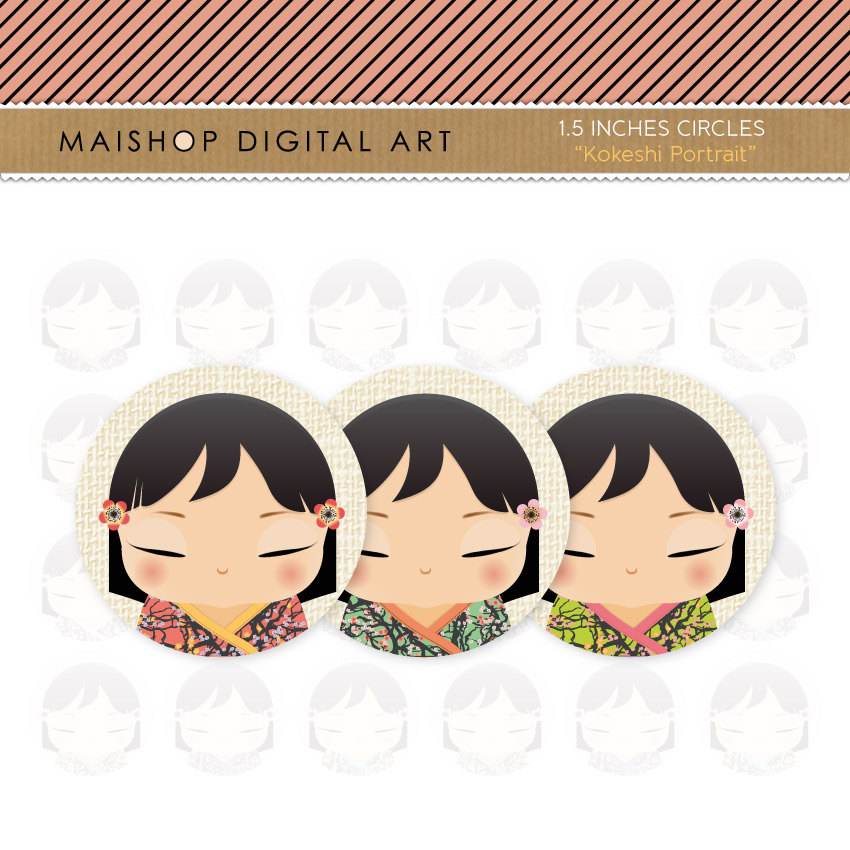 1.5" Digital Collage Sheet Circles - Kokeshi Dolls Portrait
