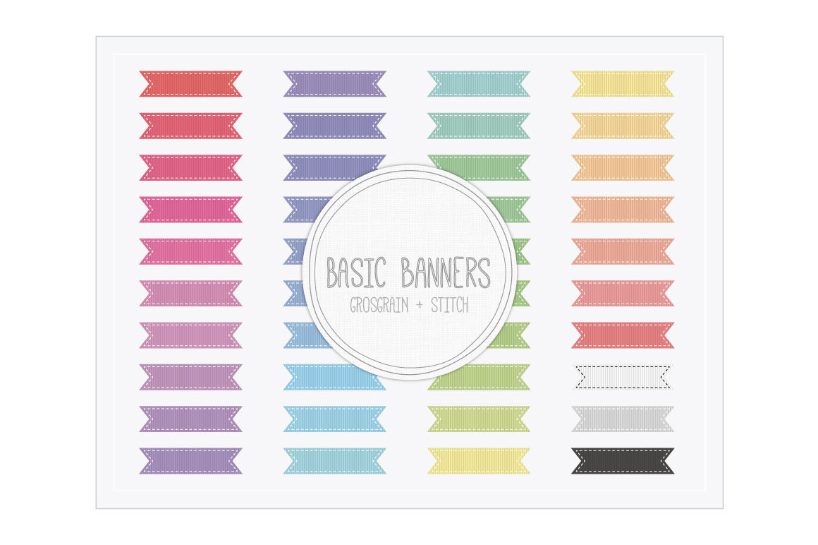 Basic Ribbon Banners Grosgrain Stitch Clip Art - INSTANT DOWNLOAD - Buy Any 2 Packs Get 1 Free