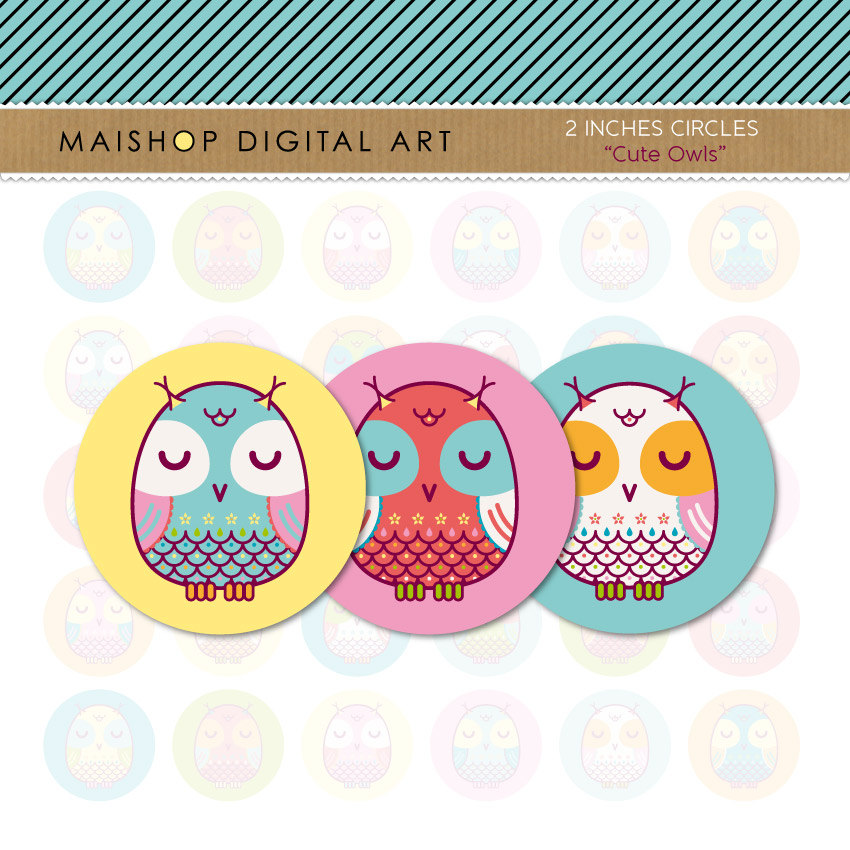 2 inch Circles Owls - Digital Collage Sheets Circles - Cute Owls - INSTANT DOWNLOAD - Buy Any 2 Packs Get 1 Free
