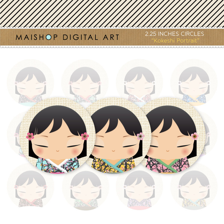 2.25" Digital Collage Sheet Circles - Kokeshi Dolls Portrait