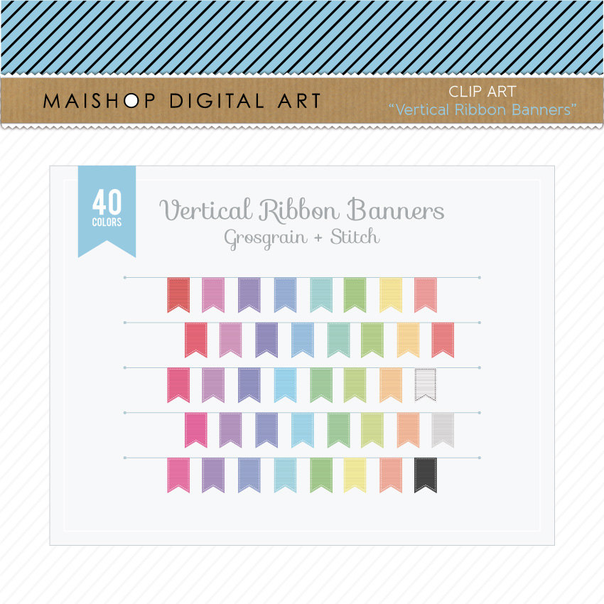 Vertical Ribbon Banners Grosgrain Stitch Clip Art - INSTANT DOWNLOAD - Buy Any 2 Packs Get 1 Free