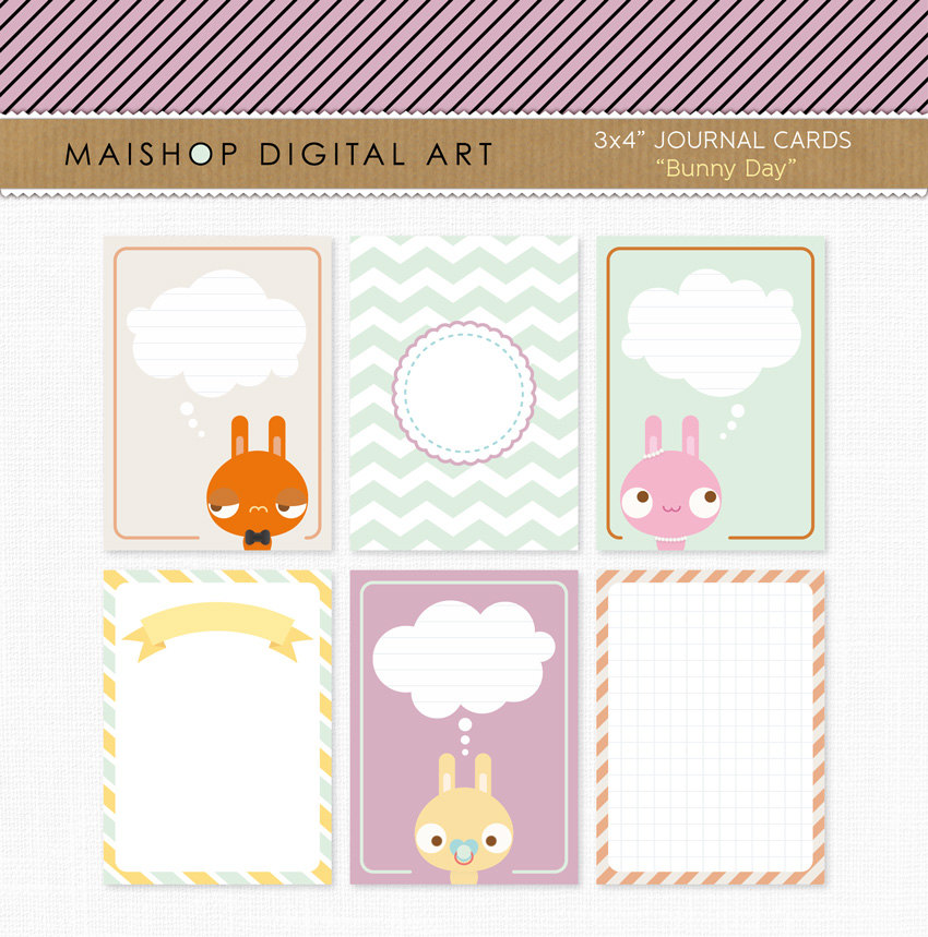 6 Printable Journal Cards Project Life - Bunnies 3x4 inches - INSTANT DOWNLOAD - Buy Any 2 Packs Get 1 Free
