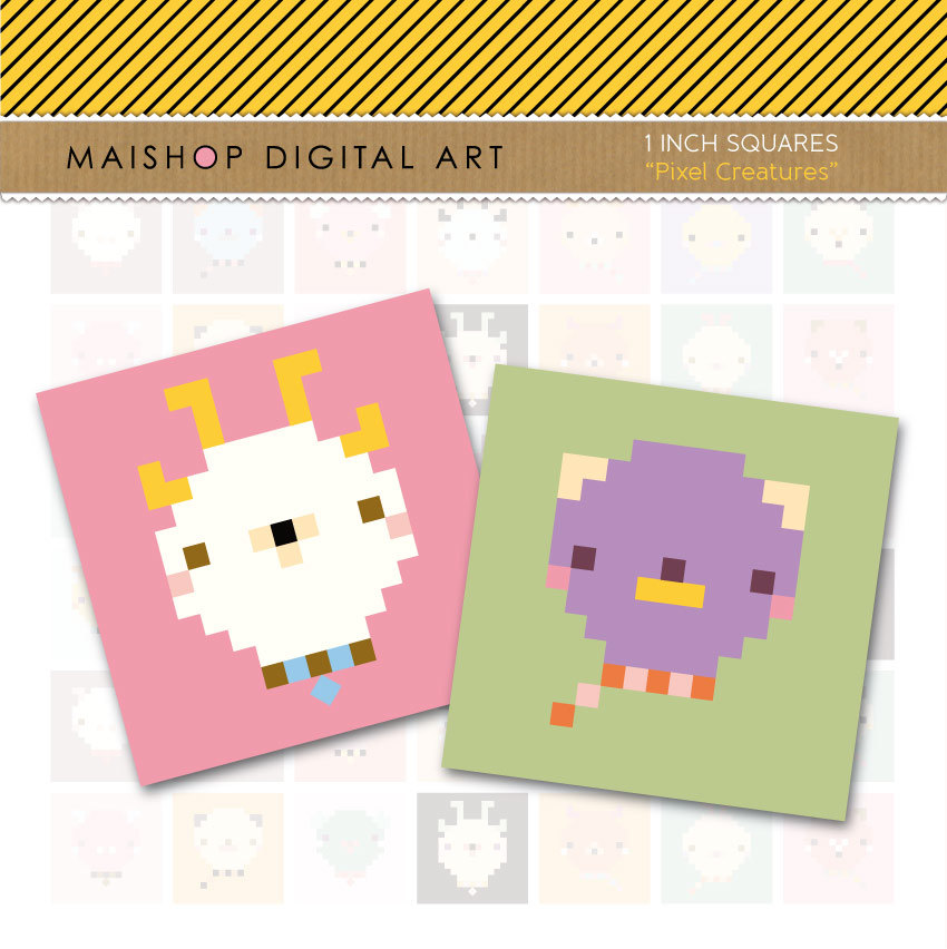 1' Digital Collage Sheet Squares Animals - Pixel Creatures - INSTANT DOWNLOAD - Buy Any 2 Packs Get 1 Free