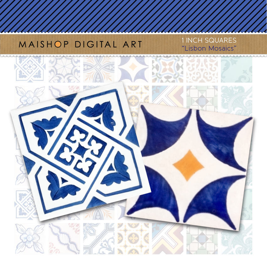 1' Digital Collage Sheet Squares Lisbon Mosaic Tiles - Portuguese Azulejos - INSTANT DOWNLOAD - Buy Any 2 Packs Get 1 Free