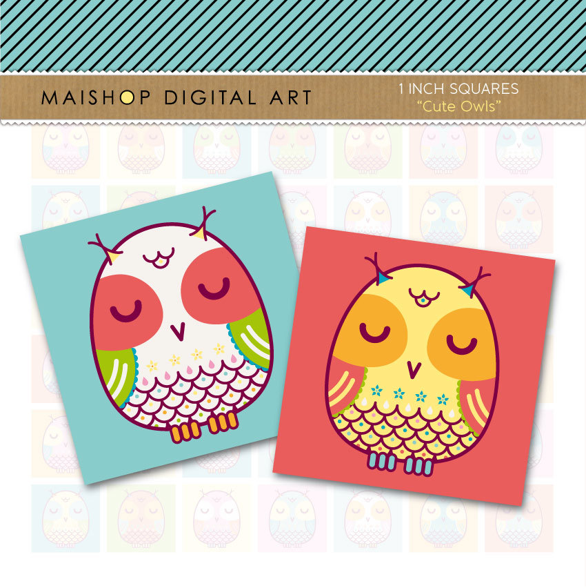 1' Digital Collage Sheet Squares Owls - Cute Owls - INSTANT DOWNLOAD - Buy Any 2 Packs Get 1 Free