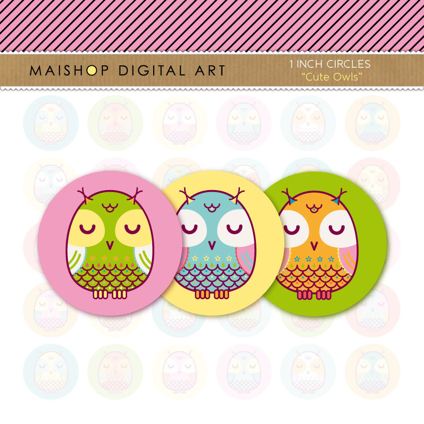 1' Digital Collage Sheet Circles Owls- Cute Owls - INSTANT DOWNLOAD - Buy Any 2 Packs Get 1 Free