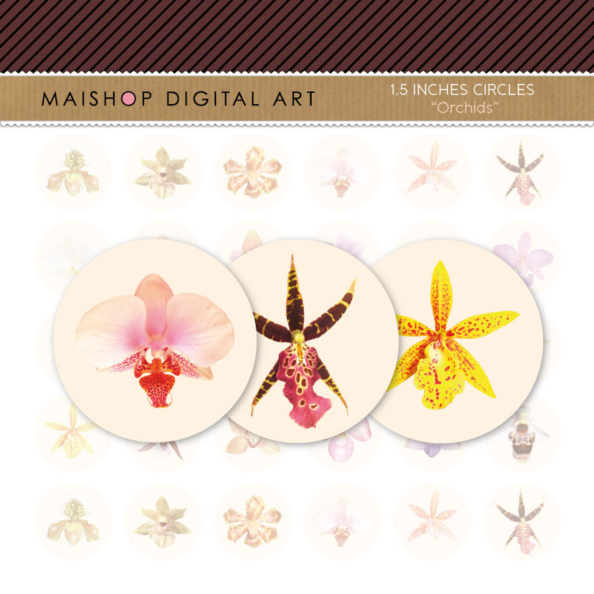 1.5' Digital Collage Sheet Circles - Orchids Flowers - INSTANT DOWNLOAD - Buy Any 2 Packs Get 1 Free