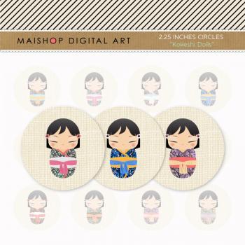 2.25" Digital Collage Sheet Circles - Kokeshi Dolls